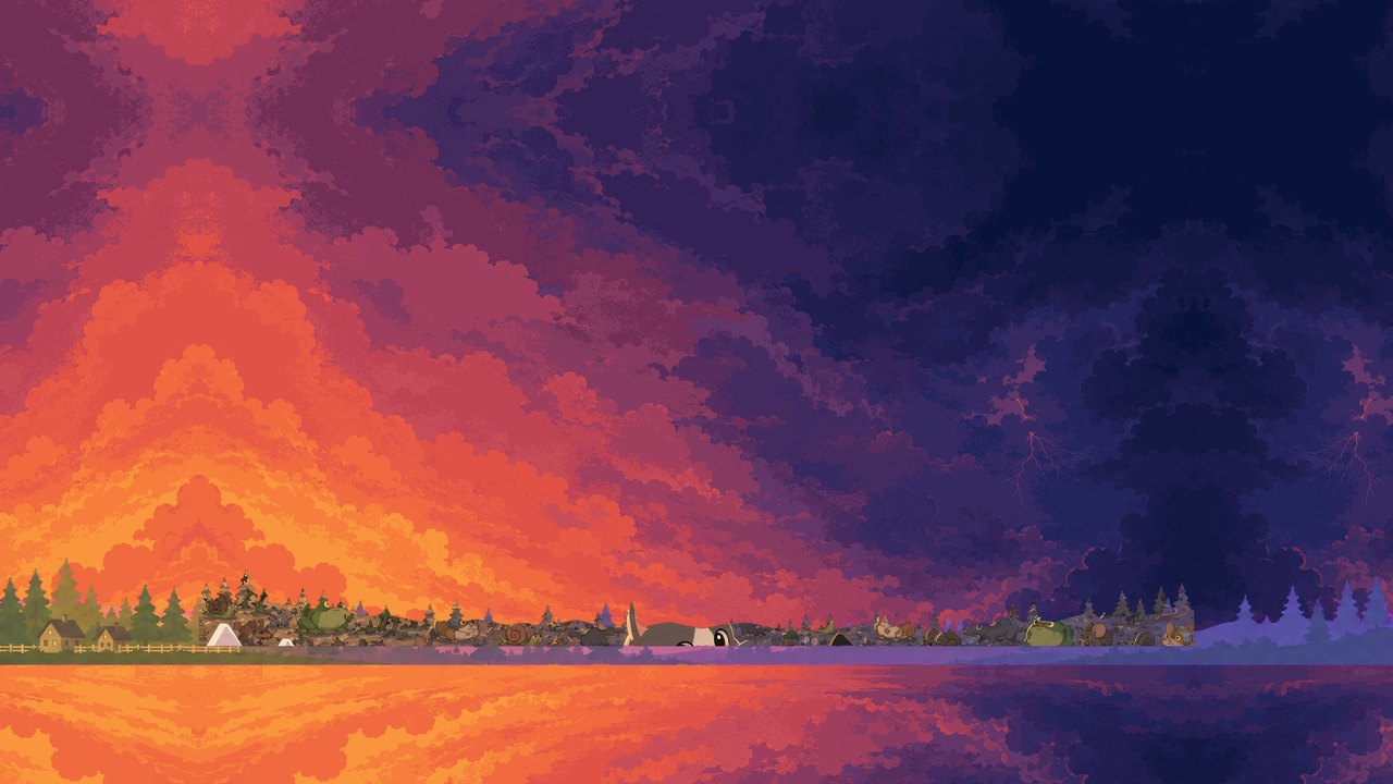 The neighborhood at dusk — the procession on the horizon under a warm storm sky